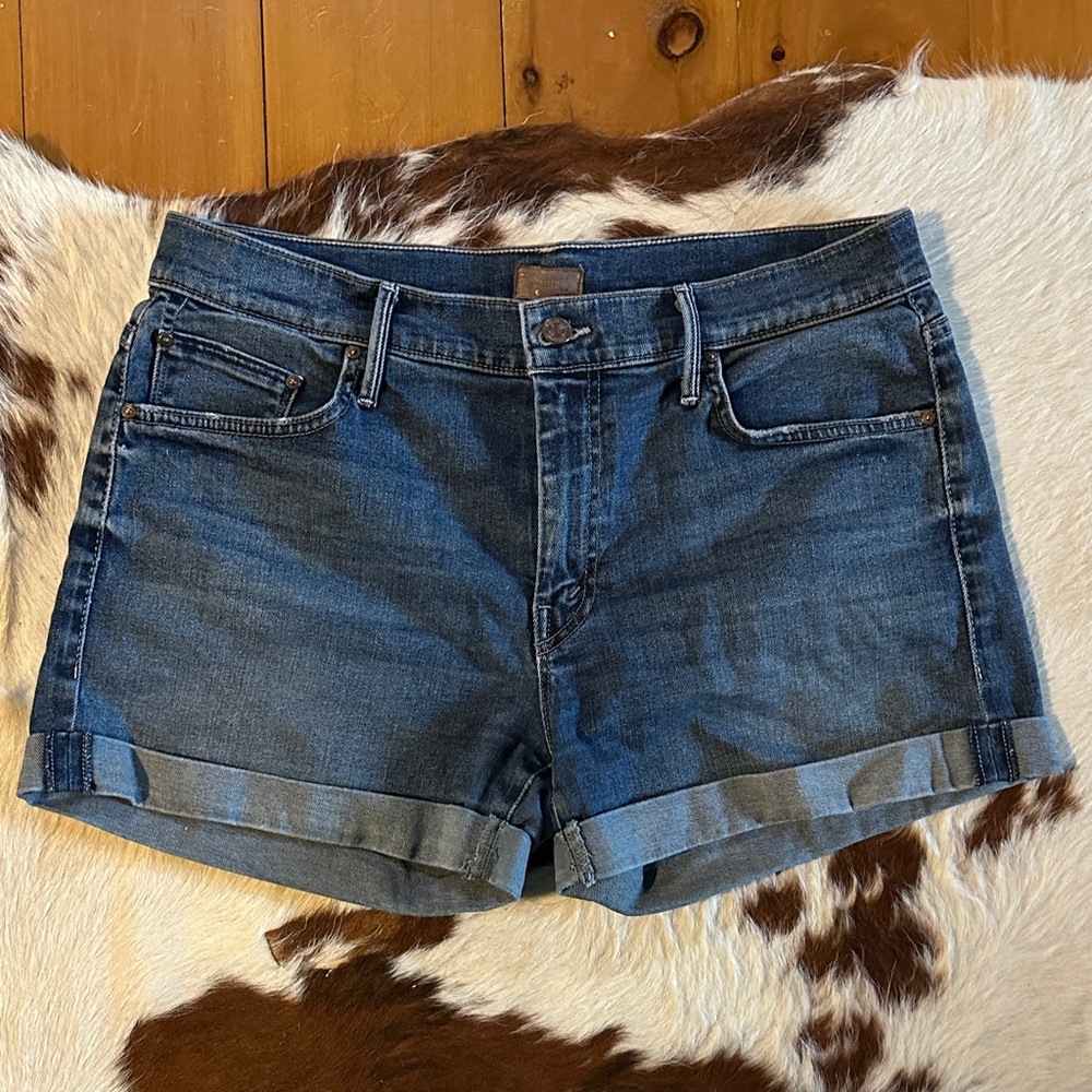 MOTHER Dark Blue Rolled Hem Jean Shorts